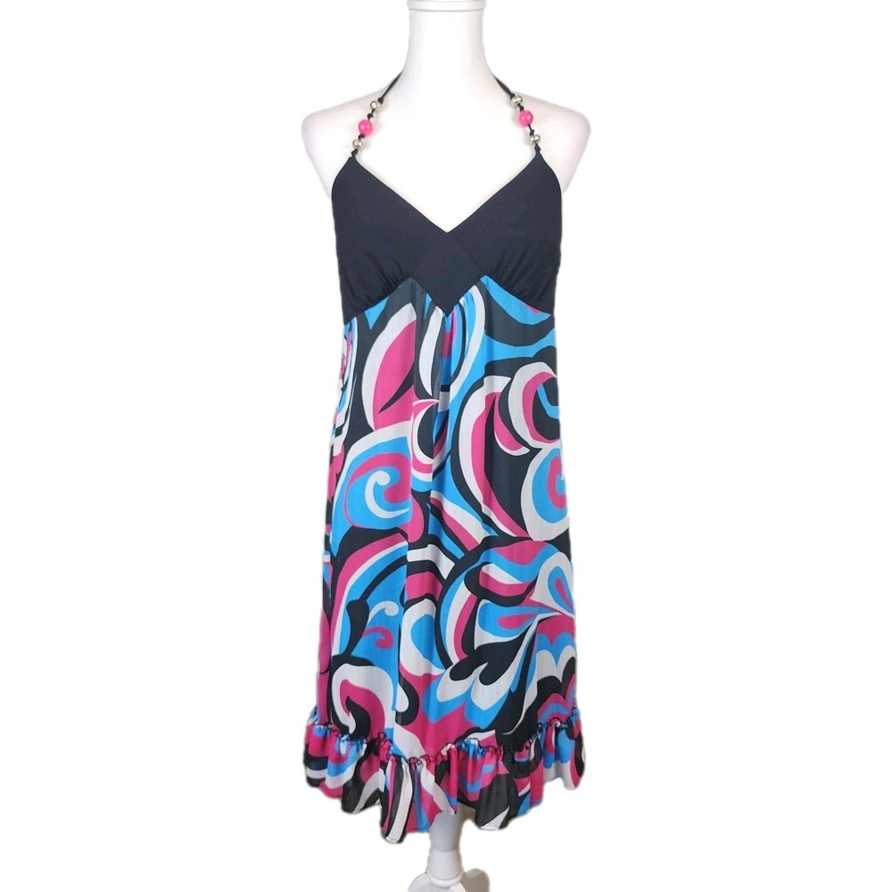 Sangria Babydoll Halter Dress Womens 8 Blue Pink Swirl Ruffle Hem Flowy Boho NEW